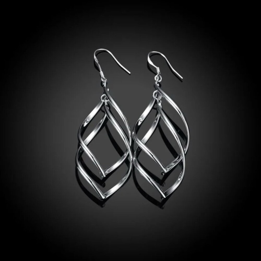 925 Sterling Silver Long Drop Hoop Earrings - Picture 4 of 4